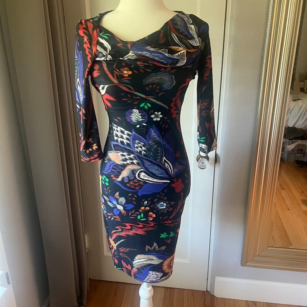 Roberto Cavalli knee-length floral print sheath dress with 3/4 sleeves. Size 40